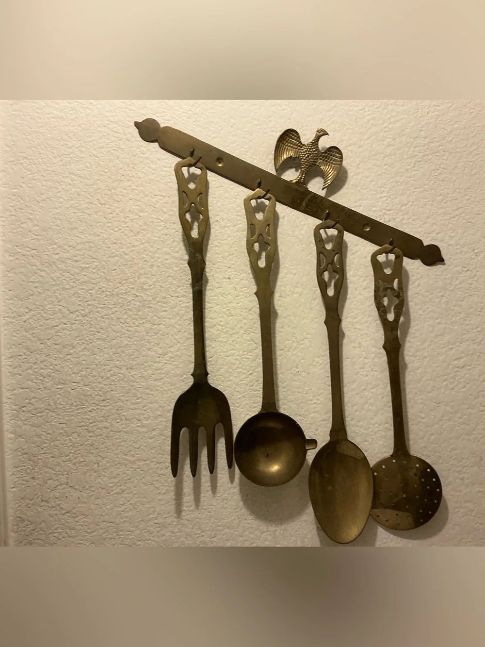 Vintage Brass Kitchen Hanging Utensil Set - Eagle Accent